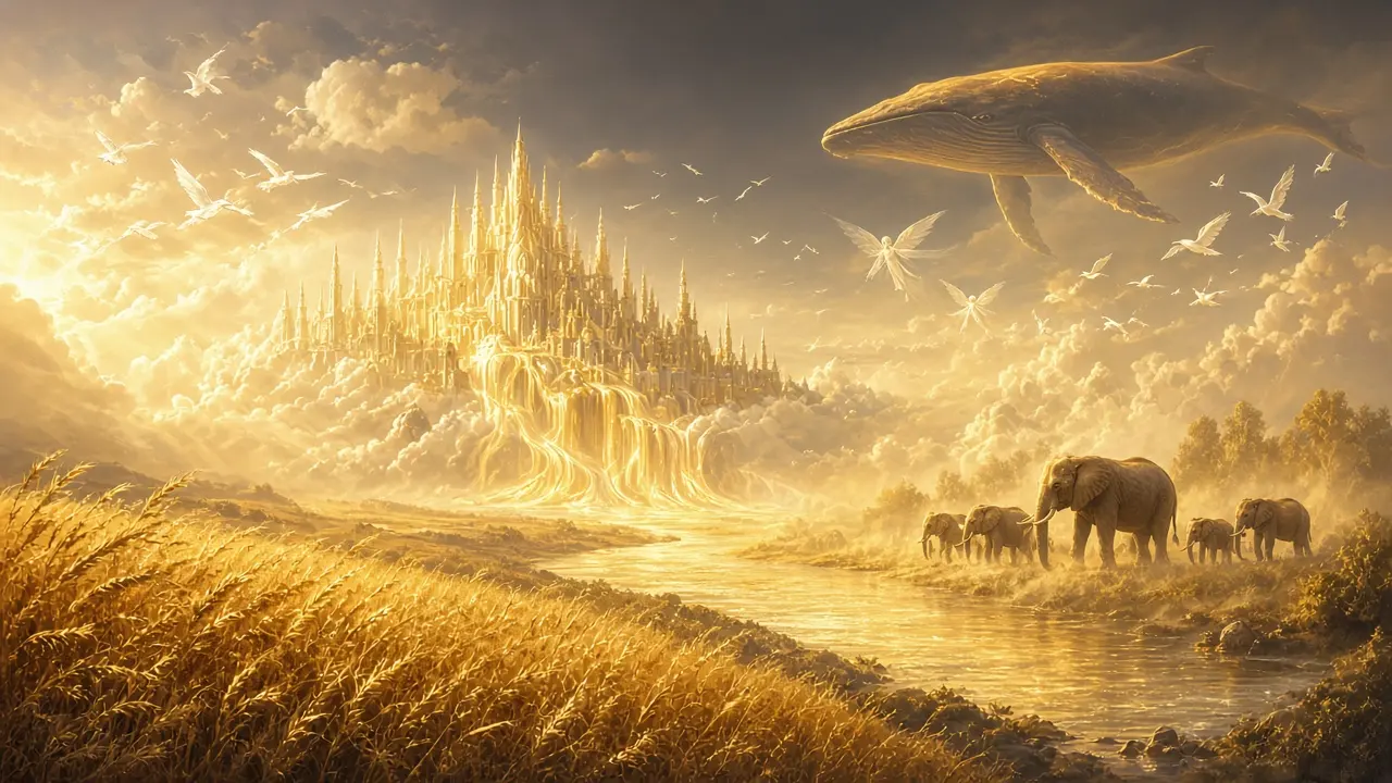 A golden city of light above a river and fields of wheat at sunrise, with elephants, birds and a whale gliding through the sky