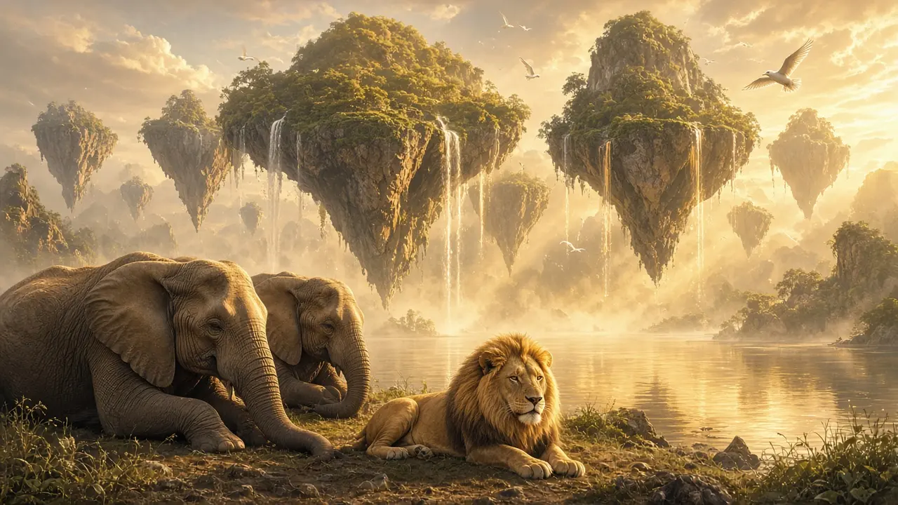 Elephants and a lion resting together beside a golden lake beneath floating islands and waterfalls of light