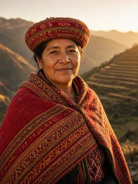A woman in a woven shawl in the Andes