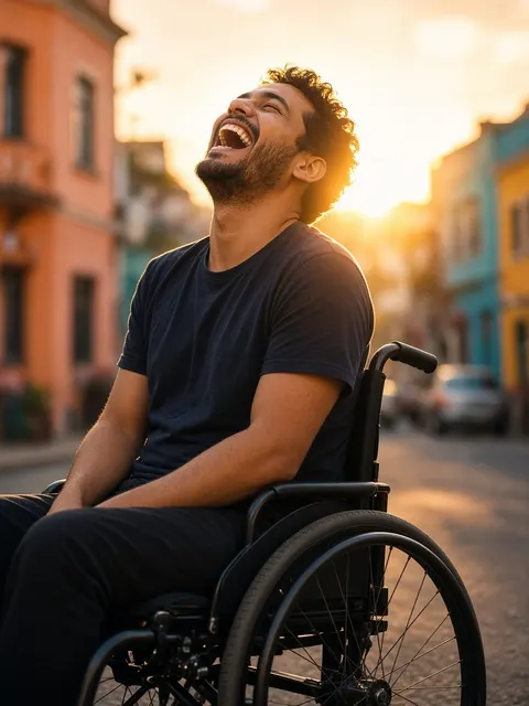 A young man laughing in his wheelchair on a street in Brazil