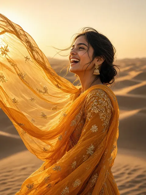 A young woman laughing in a saffron scarf in Rajasthan