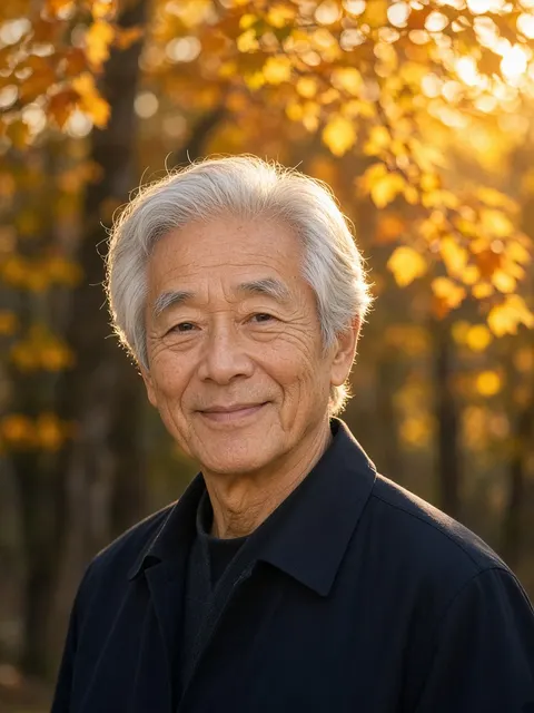An elderly man among golden autumn trees in Japan