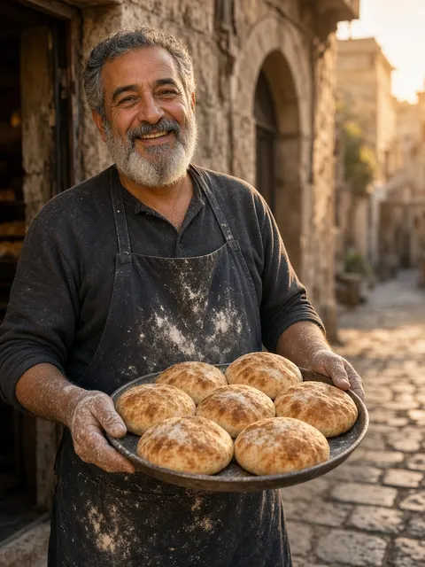 A baker holding fresh bread in Jordan