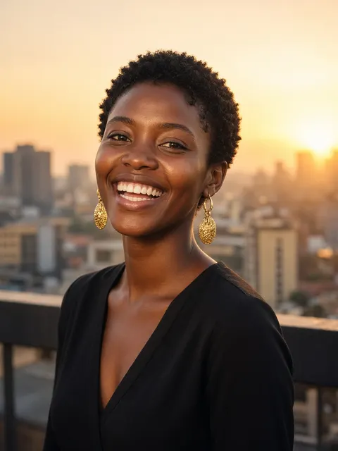 A young woman smiling on a rooftop in Nairobi