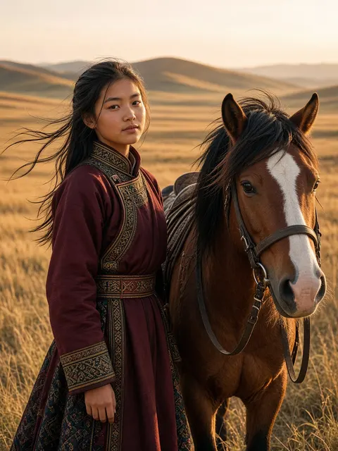 A teenage girl beside her horse on the Mongolian steppe