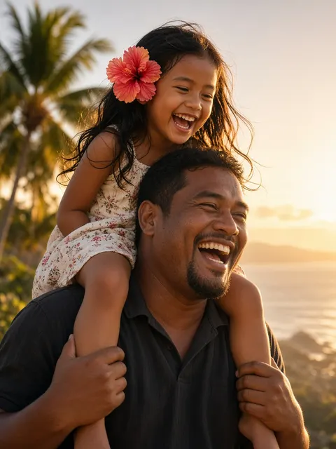 A father carrying his laughing daughter on his shoulders in Samoa