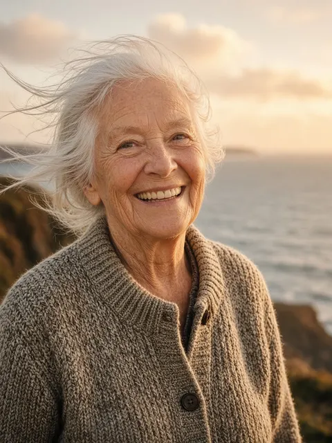 A grandmother smiling on a sea cliff in Scotland
