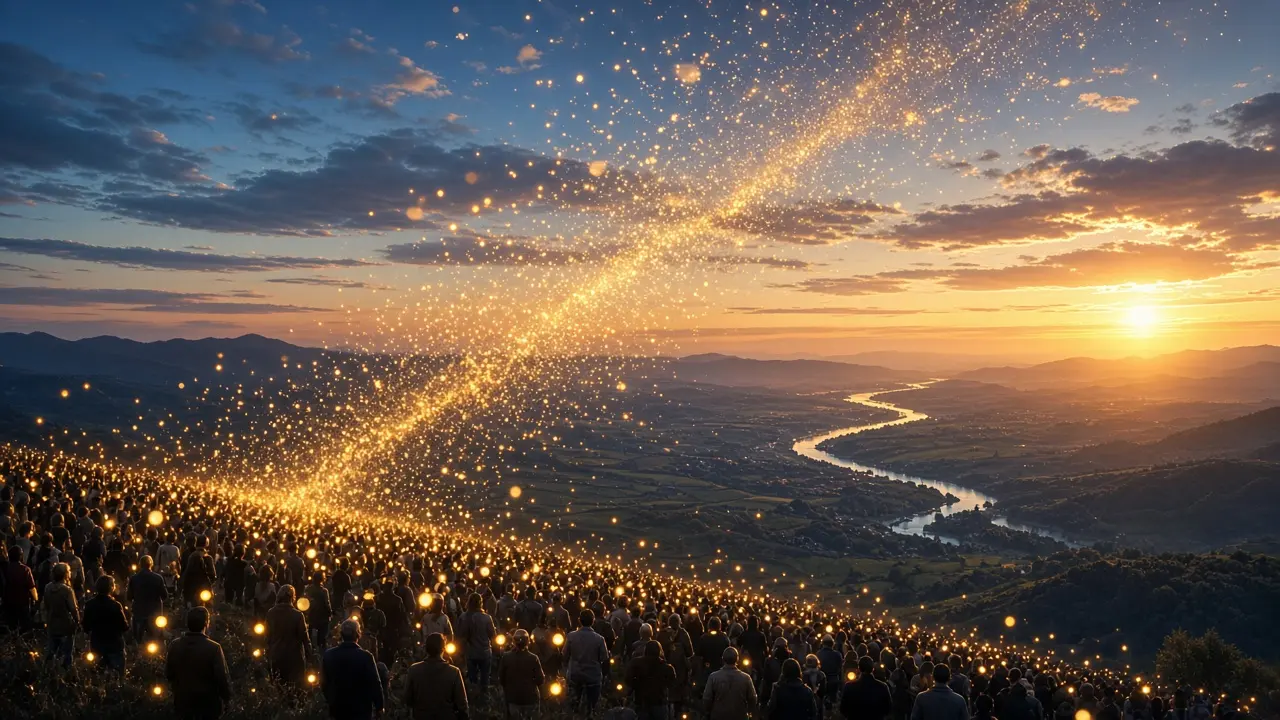 Thousands of golden lights rising from a crowd at dawn into a river of light across the sky