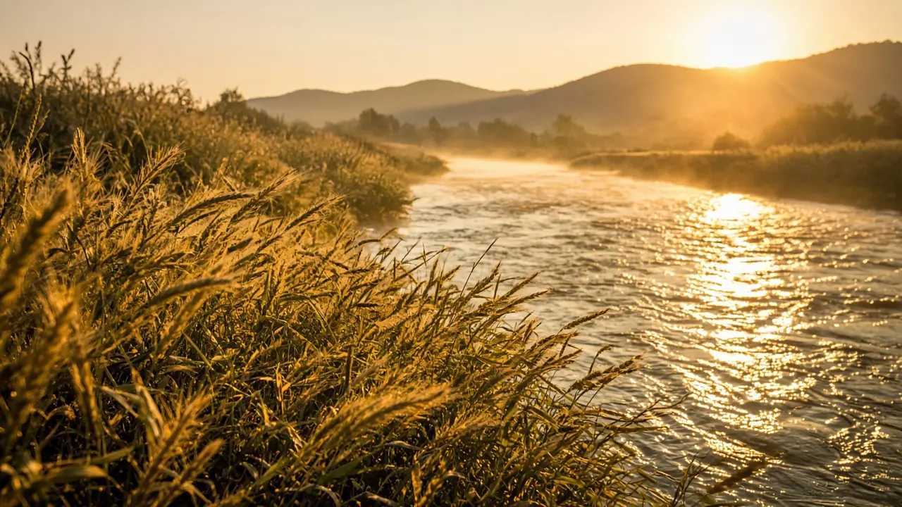 Golden stalks of wheat moving in the wind beside a flowing river at sunrise