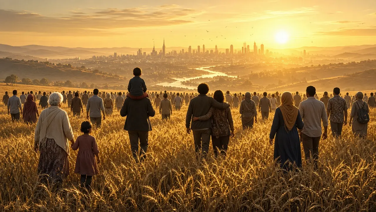 People of every nation walking together through a golden wheat field toward a city of light at sunrise